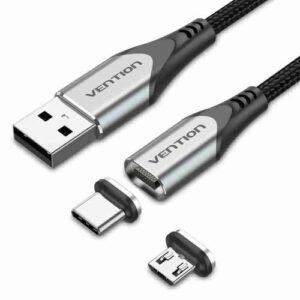 Vention USB 2.0 A Male to 3-in-1 Micro-B&USB-C&Lightning Male Cable 1M Gray Aluminum Alloy Type